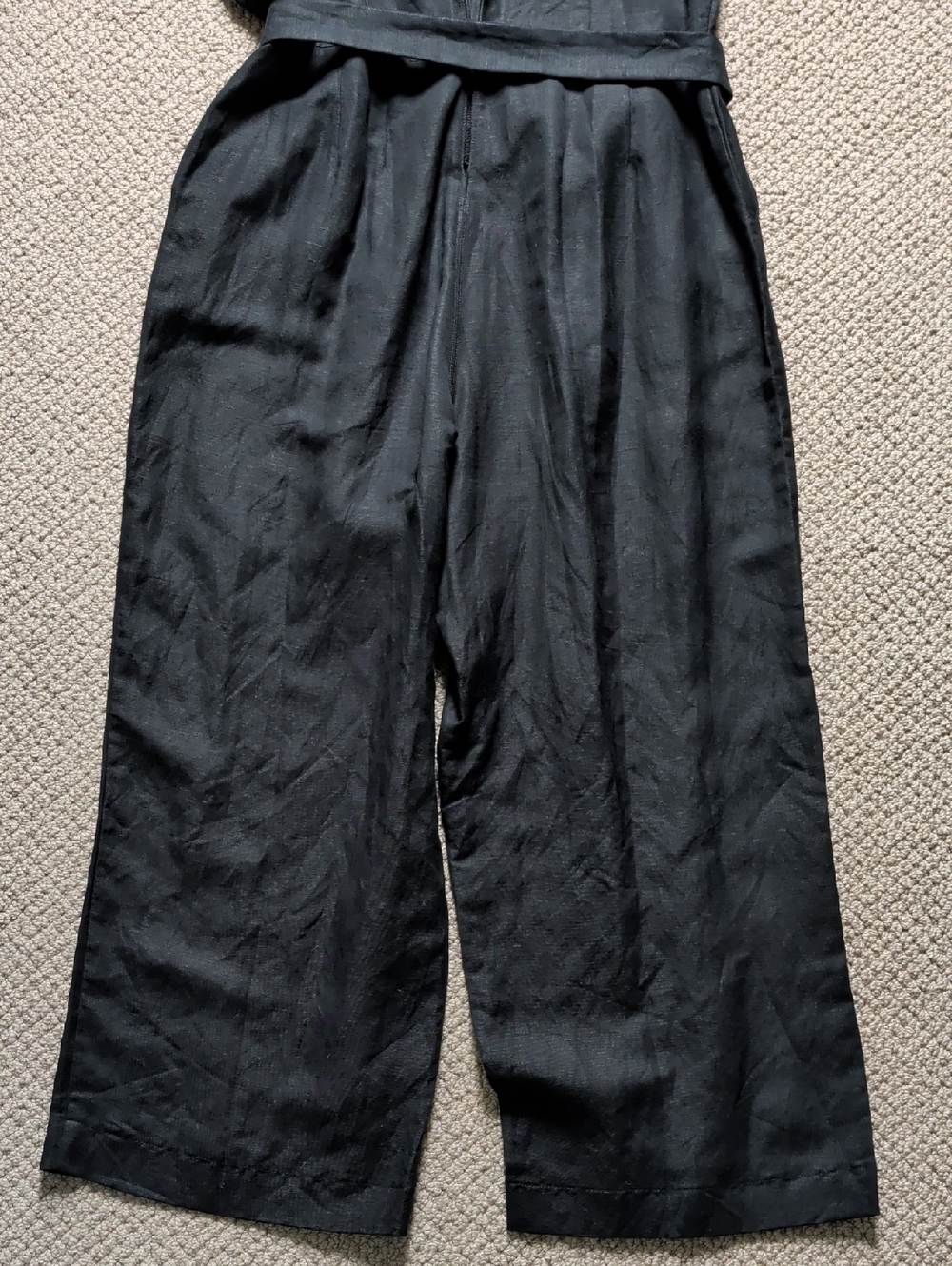 Black Linen Wide Leg Belted Jumpsuit Minimalist Pockets Sz 14 - Picture 10 of 12